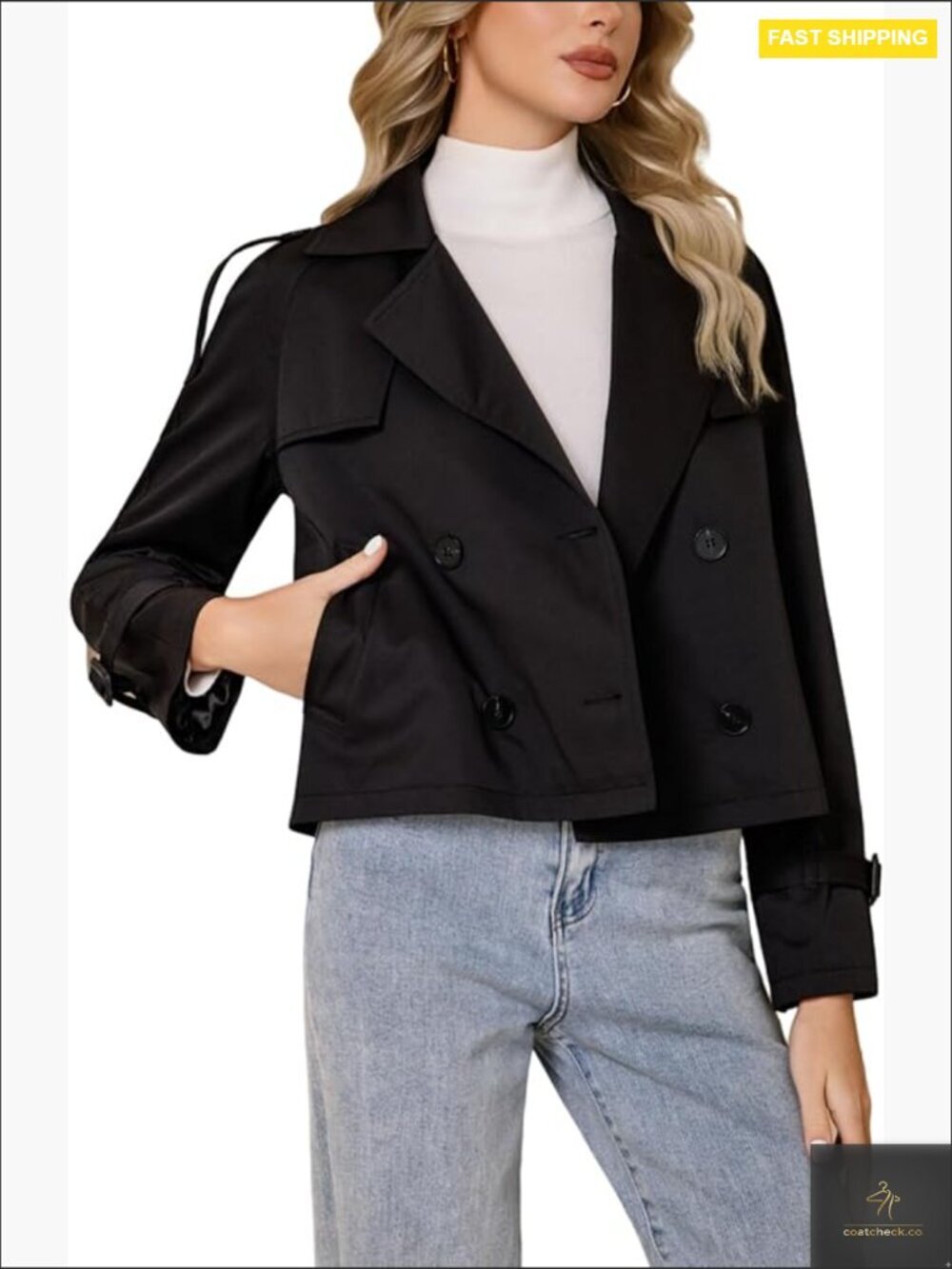Cropped Trench Coat Double Breasted Slim Fit Casual Chic Jacket